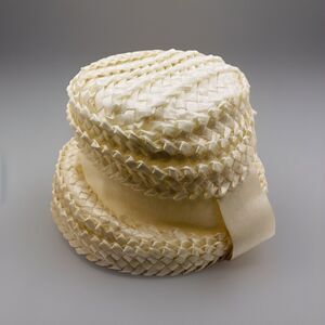 Vintage 60's White Straw High Dome Wide Downward Brim Bow Womens Hat Size S-M